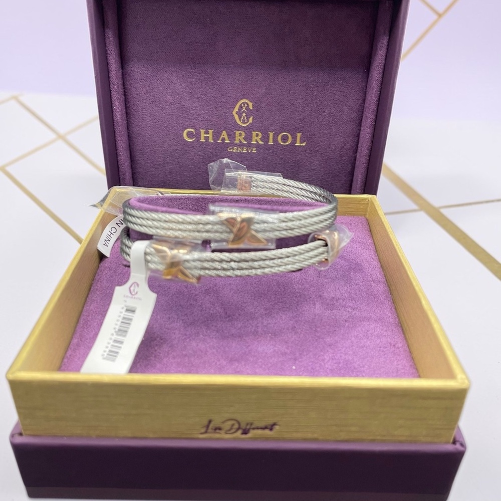 ⭐ Genuine⭐ Charriol Twist Two-Tone Steel Cable PVD Bangle Bracelet (Size M)